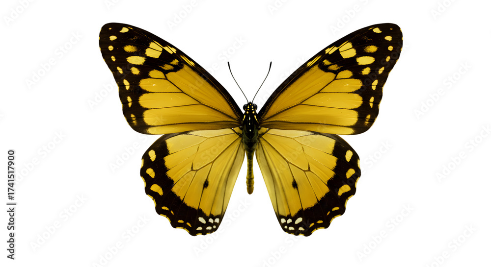 Fototapeta premium Yellow butterfly with black wing edges on white background — close-up stock photo