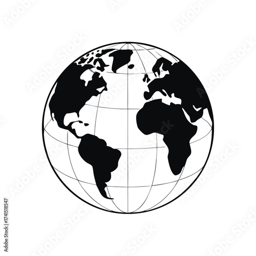 Vector illustration Black and white globe with continents and grid lines earth world