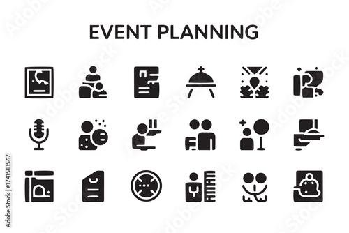 Event planning icons with people and objects microphone