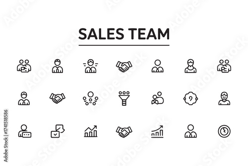 Sales team icons with handshake and growth chart people