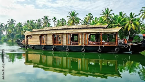 Wooden Houseboat Floating on Calm Water With Lush Green Trees in Kerala India