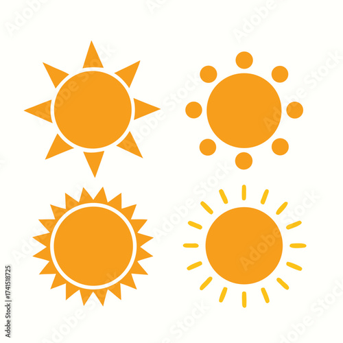 Vector illustration Four orange sun icons with different ray styles on white background