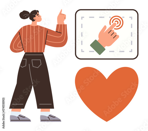 Woman gesturing upward with hand, touchscreen with hand pressing button, and heart below. Ideal for technology, interaction, user engagement, guidance, emotion, care simple flat metaphor