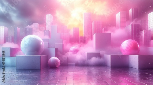 Colorful Urban Landscape with Shapes and Clouds in Vibrant Light