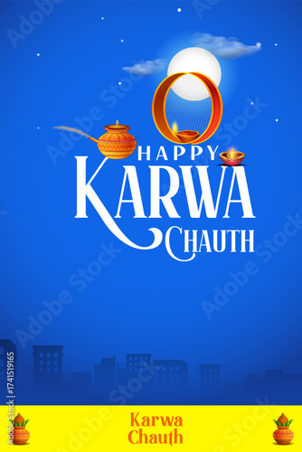 decorated pooja thali for greetings on Indian Hindu festival Happy Karwa Chauth