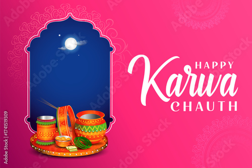 decorated pooja thali for greetings on Indian Hindu festival Happy Karwa Chauth