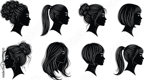 Women hairstyle silhouette, female profile vector, trendy haircut icon, black hair design, fashion beauty illustration, editable hairstyle pack