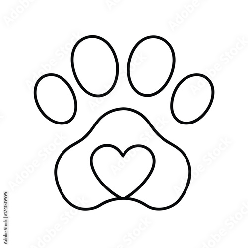 Vector illustration Black outline paw print with heart inside on white background