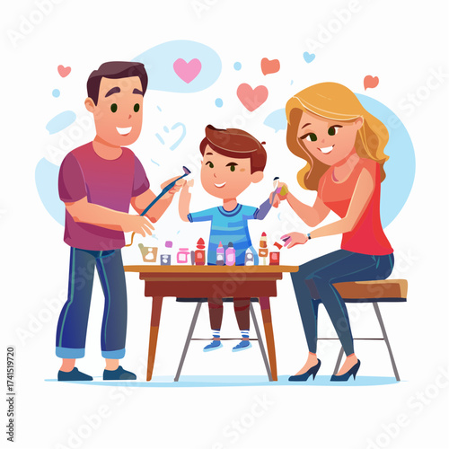 Family painting miniatures together at table