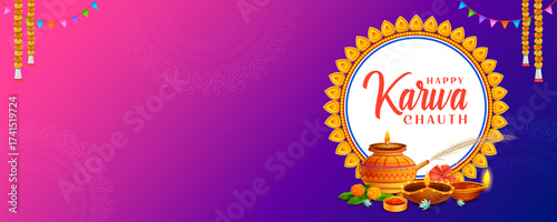 decorated pooja thali for greetings on Indian Hindu festival Happy Karwa Chauth