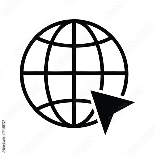 Vector illustration Black globe icon with cursor pointing to it on white background