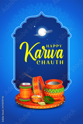 decorated pooja thali for greetings on Indian Hindu festival Happy Karwa Chauth