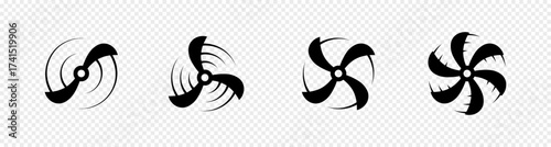 Airplane propellers with curved swirl motion lines. Vector rotor icons for aviation, drone mechanics, and transport engineering themes