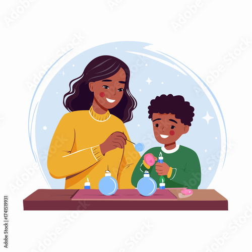 Mother and son crafting ornaments together