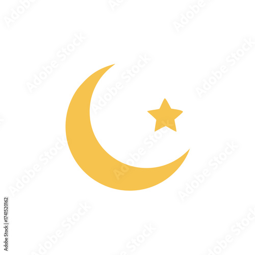Vector illustration Yellow crescent moon and star graphic on white background celestial