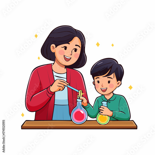 Mother and child science experiment with flasks