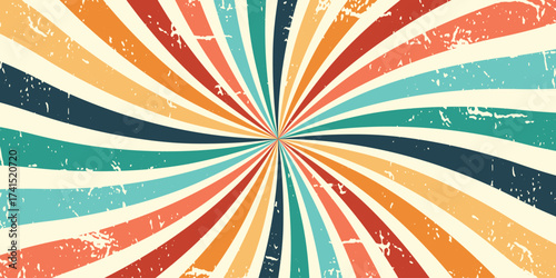 Spiral retro pattern background. Swirl groovy vector sun rays. Psychedelic radial burst with grunge texture. 70s starburst hypnotic illustration. Vintage circular abstract colorful bg