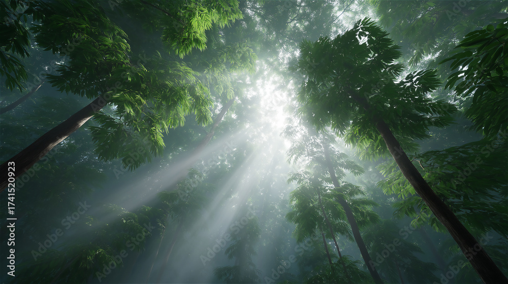 Obraz premium Sunlight shining through tall green forest trees, dramatic rays creating bright atmosphere, natural wilderness conveying purity, peace and hope.
