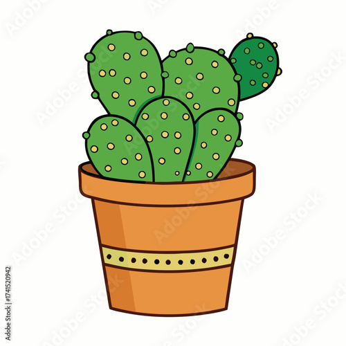 Vector illustration Green prickly pear cactus in orange pot with yellow dots plant