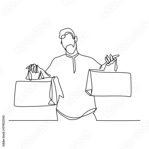 Continuous line of shopper man holding paper bags. Vector illustration editable stroke sketch drawing art