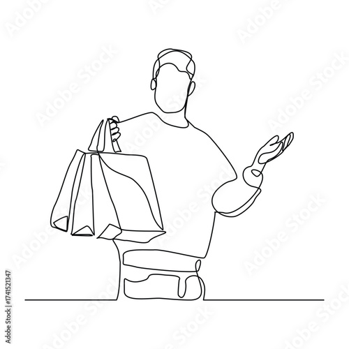 Continuous line of shopper man holding paper bags. Vector illustration editable stroke sketch drawing art