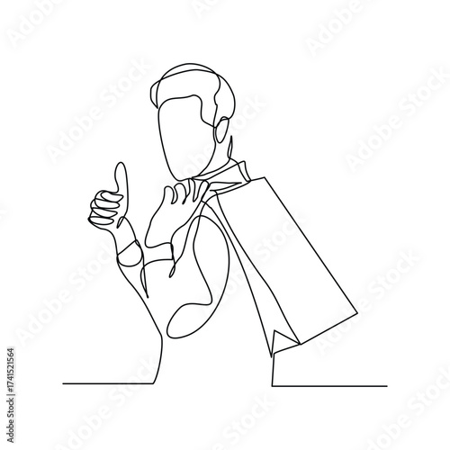 Continuous line of shopper man holding paper bags. Vector illustration editable stroke sketch drawing art