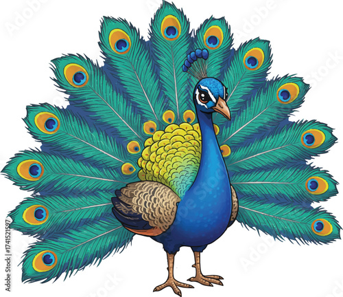 Beautiful male peacock bird displaying its colorful blue and green tail feathers against a white background