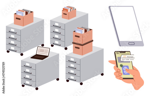 Filing cabinets with files, laptop, hand holding smartphone scanning documents. Ideal for data management, digital organization, archiving, productivity, tech transitions, workflow simple flat