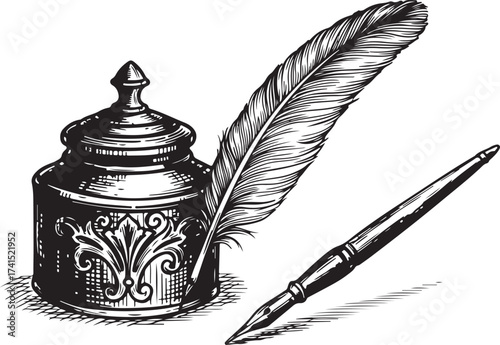 Old traditional black feather quill pen and ink pot for writing illustration vector art design