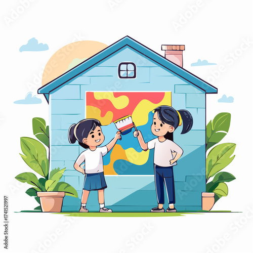 Two girls painting a small house with colorful details