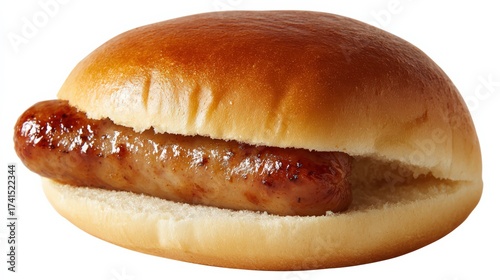 Delicious cooked sausage in soft bun on white background ideal for food photography