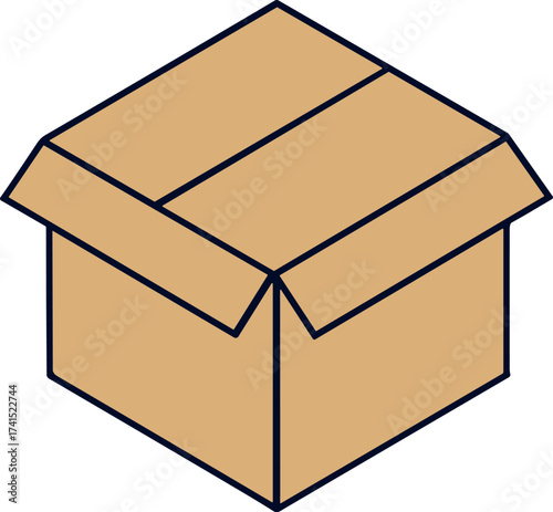 A simple open cardboard box illustration in isometric view, featuring clean lines, minimal shading, and a neutral brown color for packaging or delivery design concepts.