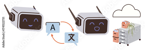 Two smiling AI robots exchanging translated text with arrows, file cabinets, a plant, and a cloud ideal for translation, AI, communication, technology, cloud storage, data sharing simple flat