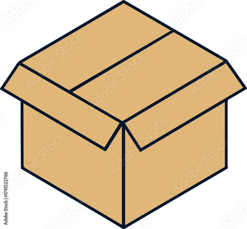 A simple open cardboard box illustration in isometric view, featuring clean lines, minimal shading, and a neutral brown color for packaging or delivery design concepts.