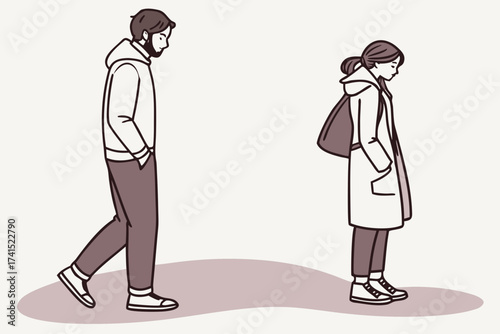 Situationship couple standing apart, modern flat illustration style