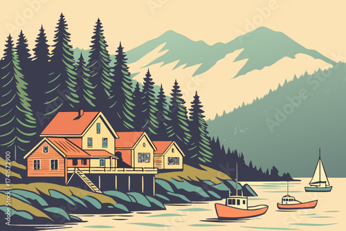 Wrangell Island in Alaska, small town with colorful homes along Inside Passage waters