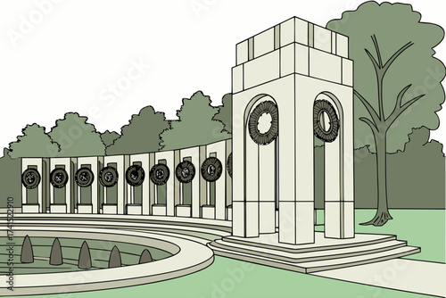 World War II Memorial in Washington, D.C., fountains surrounded by stone arches with wreaths of victory