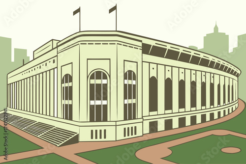 Yankee Stadium in Bronx, New York, towering ballpark with white frieze arches and emerald green field