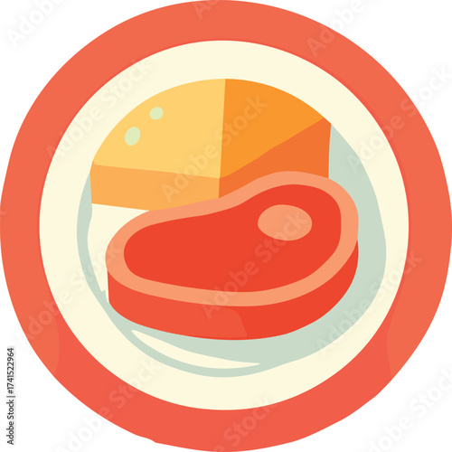 A flat illustration of a red plate with steak and cheese, representing protein-rich foods and a balanced diet concept.