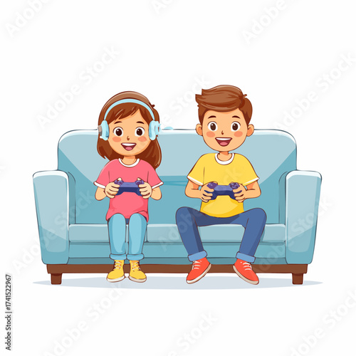 Kids playing video games on a sofa