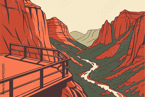Zion Canyon Overlook in Utah, platform with dramatic views of red cliffs and winding valley