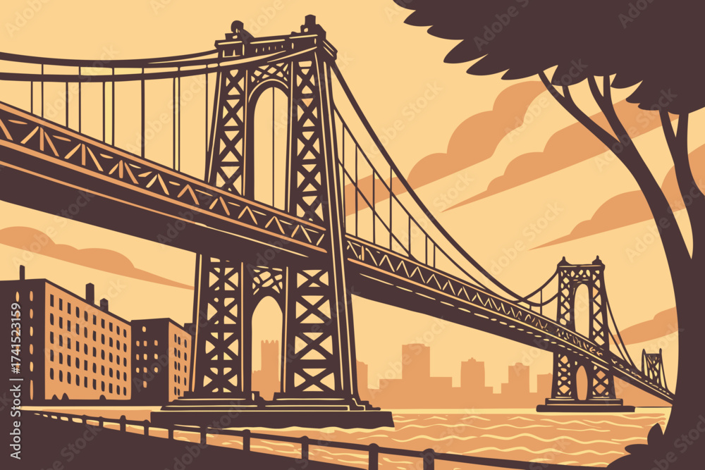 Fototapeta premium Williamsburg Bridge in New York City, New York, industrial suspension bridge glowing in evening light across East River