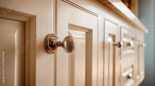 Close up view of elegantly designed kitchen cabinetry showing stylish knobs and detailed finish