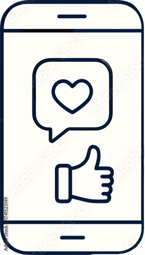 A minimalist smartphone illustration featuring a heart chat bubble and thumbs-up icon, symbolizing social media engagement and online communication.