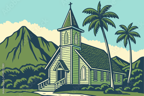 Waiʻoli Huiʻia Church in Hanalei, Hawaii, green wooden mission-style church with mountain and palm backdrop