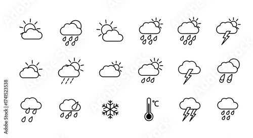Collection of Weather Icons Showing Sun Clouds Rain Snow Lightning and Thermometer vector illustration
