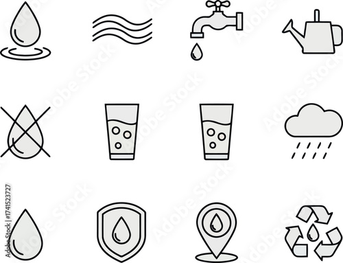 Water Related Icons in Black Outline on a White Background Keywords: water drop, wave, faucet, tap, watering can, no water, glass, drinking water, cloud, rain, recycling, shield, protection