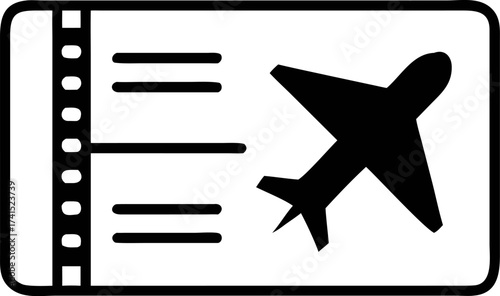 Flight ticket icon silhouette in black and white, travel concept, transportation and booking, airplane boarding pass design