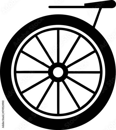 Dynamic black graphic icon depicting a unicycle wheel with seat and handle, symbolizing balance, unique skill, and recreational activities