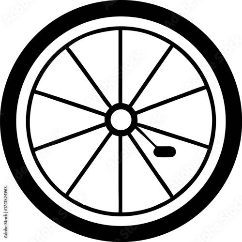 A simple black and white vector illustration of a bicycle wheel icon, perfect for graphic design, transport, and sports themes
